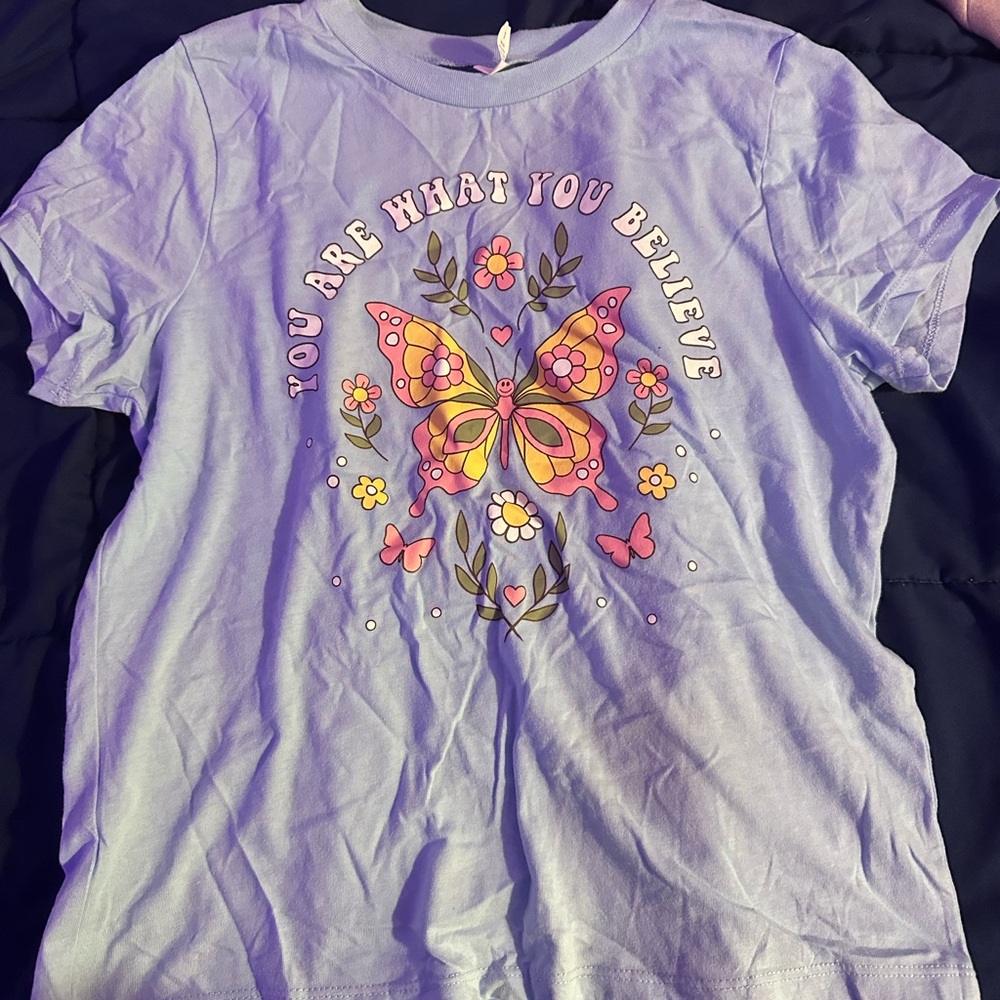 Purple Graphic Tee with Butterfly Design